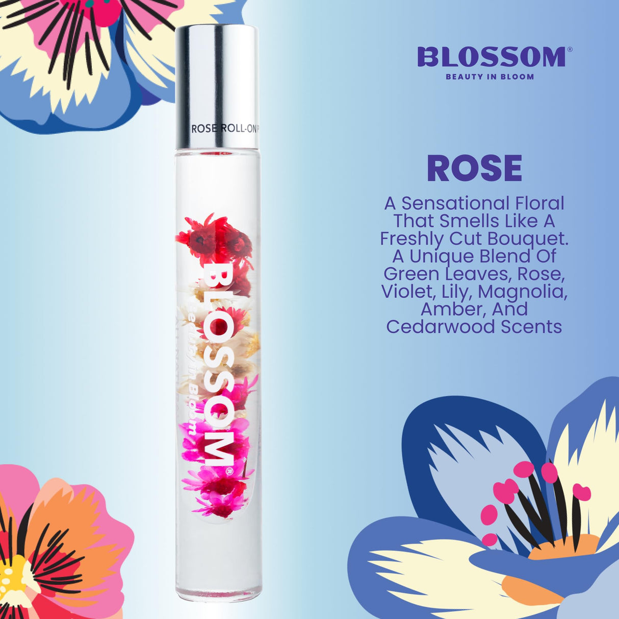 Blossom Roll on Perfume Oil for Women, Alcohol Free Rollerball Perfume with Essential Oil, Infused with Real Flowers, Made in USA, 0.20 oz (Lemon, Bergamot, Violet, White Musk), Cactus Flower