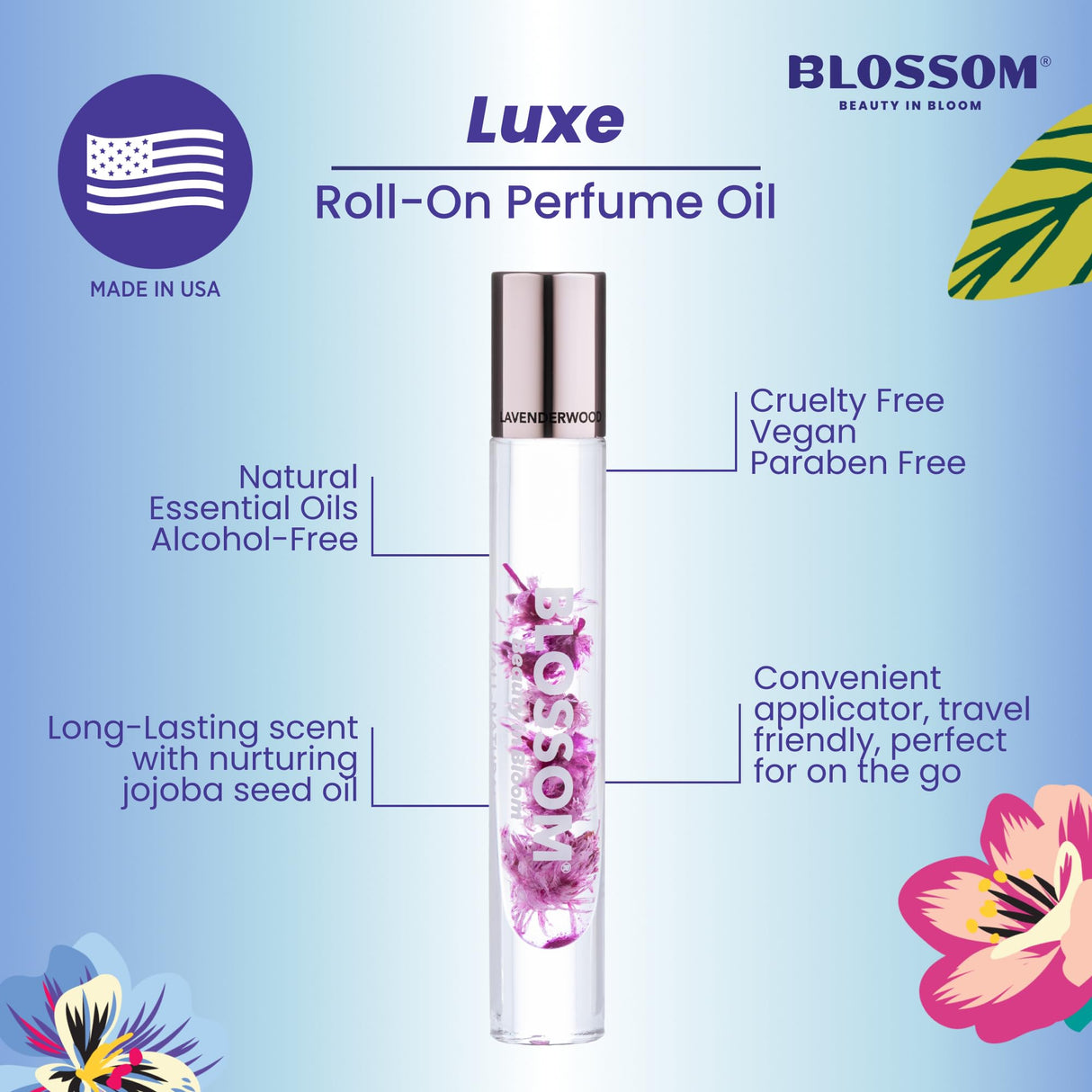 Blossom Roll on Perfume Oil for Women, Alcohol Free Rollerball Perfume with Essential Oil, Infused with Real Flowers, Made in USA, 0.20 oz (Lemon, Bergamot, Violet, White Musk), Cactus Flower