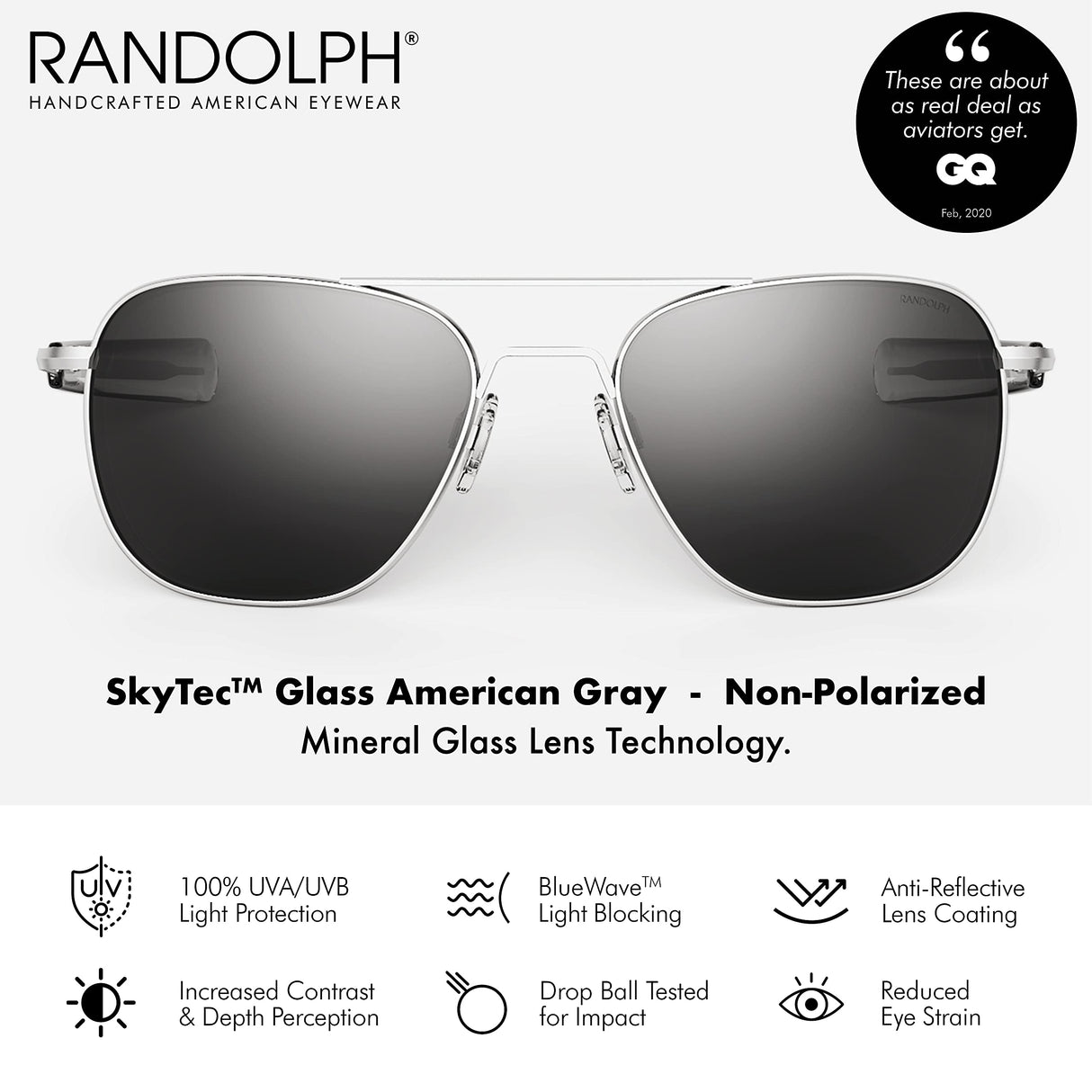Mens or Womens Aviator Sunglasses, Matte Chrome, Classic, Polarized and Non-Polarized with UV Protection by Randolph USA