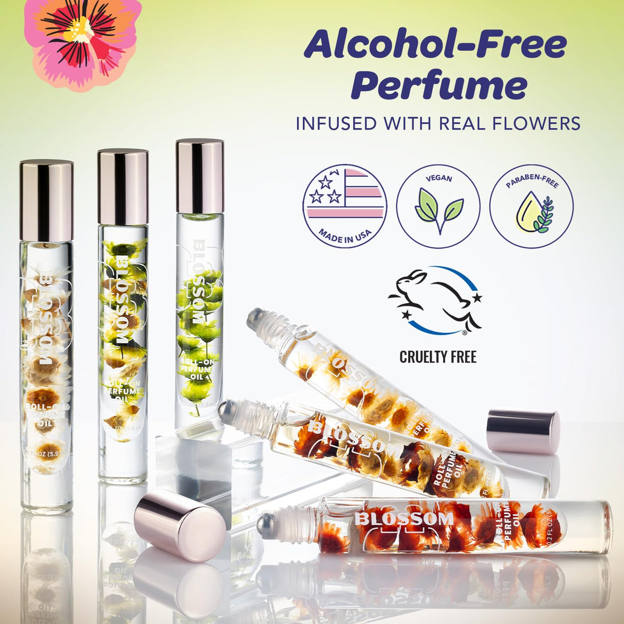 Blossom Roll on Perfume Oil for Women, Alcohol Free Rollerball Perfume with Essential Oil, Infused with Real Flowers, Made in USA, 0.20 oz (Lemon, Bergamot, Violet, White Musk), Cactus Flower