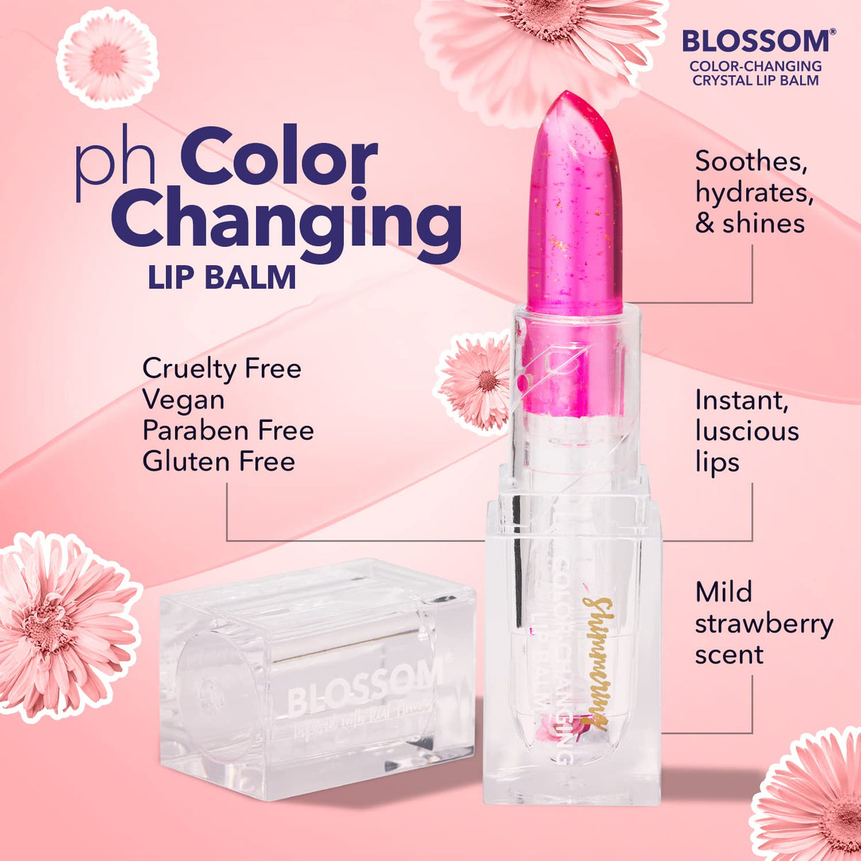 Blossom Moisturizing pH Color Changing Shimmering Lip Balm Sparkle Lip Stain Tint, Infused with Real Flowers, 3g, Electric Pink