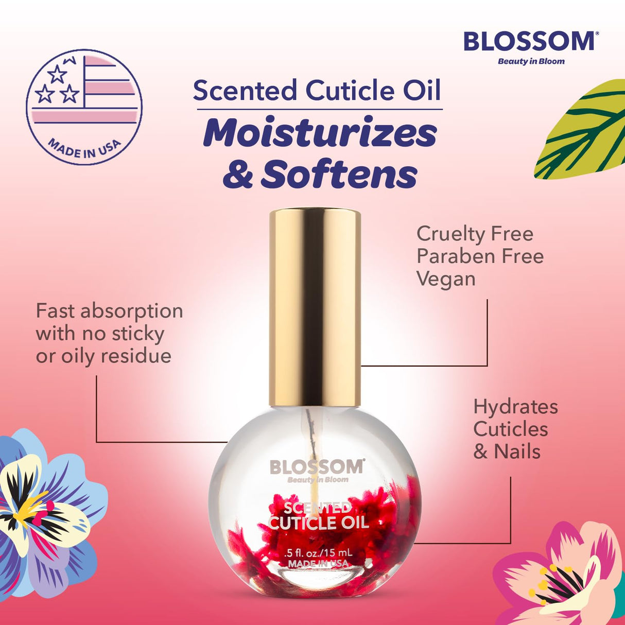 Blossom Scented Cuticle Oil, Infused with Real Flowers, Hydrating, Moisturizing, Strengthening, Made in USA, 0.5 fl. oz, Amazon Exclusive, Watermelon