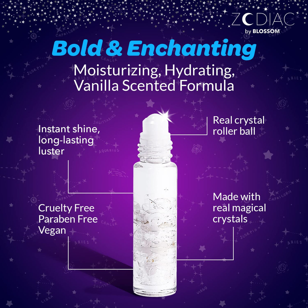 Blossom Zodiac Sign Roll-On Lip Gloss, Vanilla Scented + Moisturizing with Crystals, Made in USA, 0.20 fl. oz./5.9ml, Aquarius