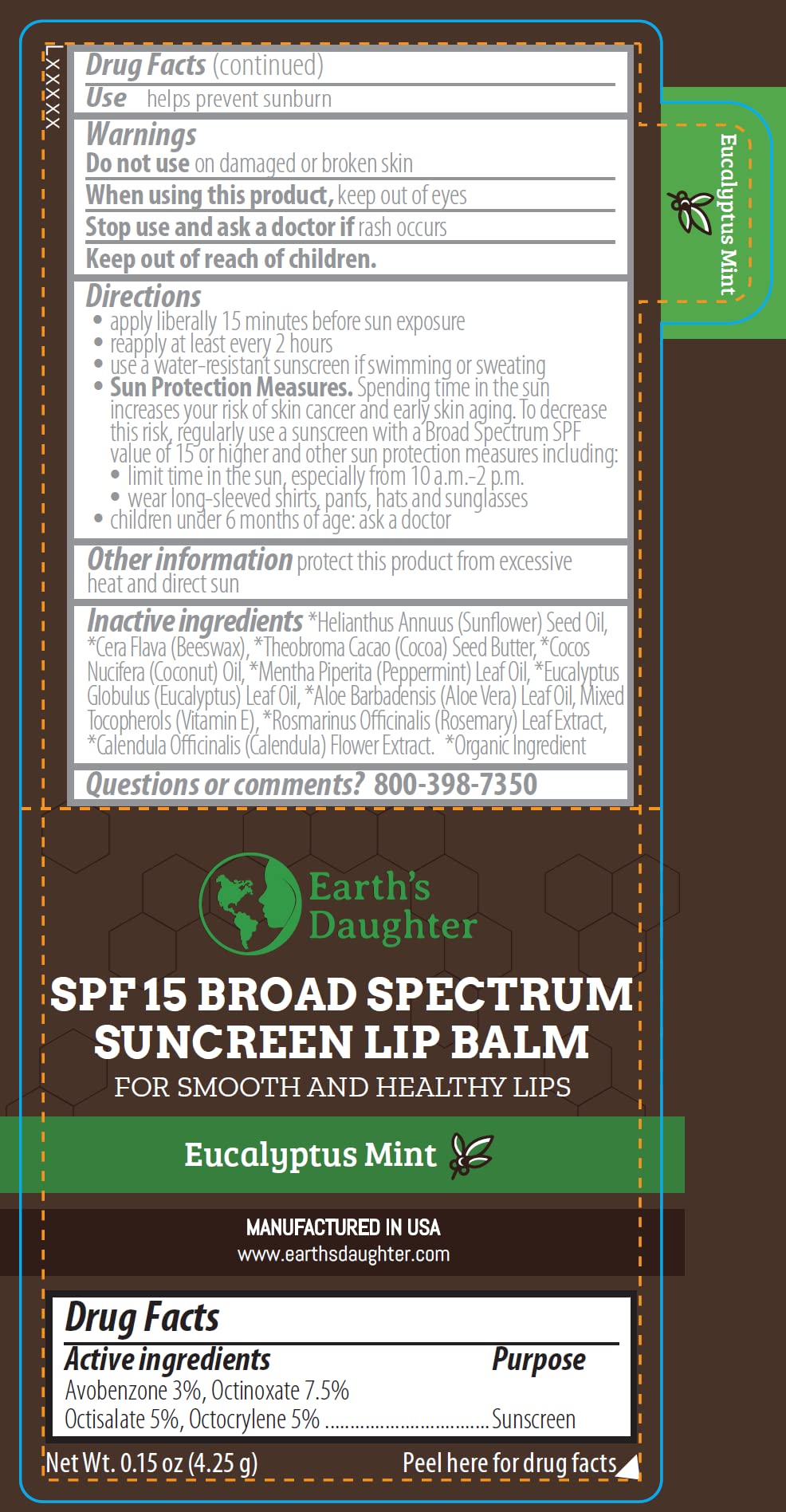 USDA Organic Lip Balm 6-Pack by Earth's Daughter Stocking Stuffers - Fruit Flavors, Beeswax, Coconut Oil, Vitamin E - Best Lip Repair Chapstick for Dry Cracked Lips - Moisturizing Lip Care