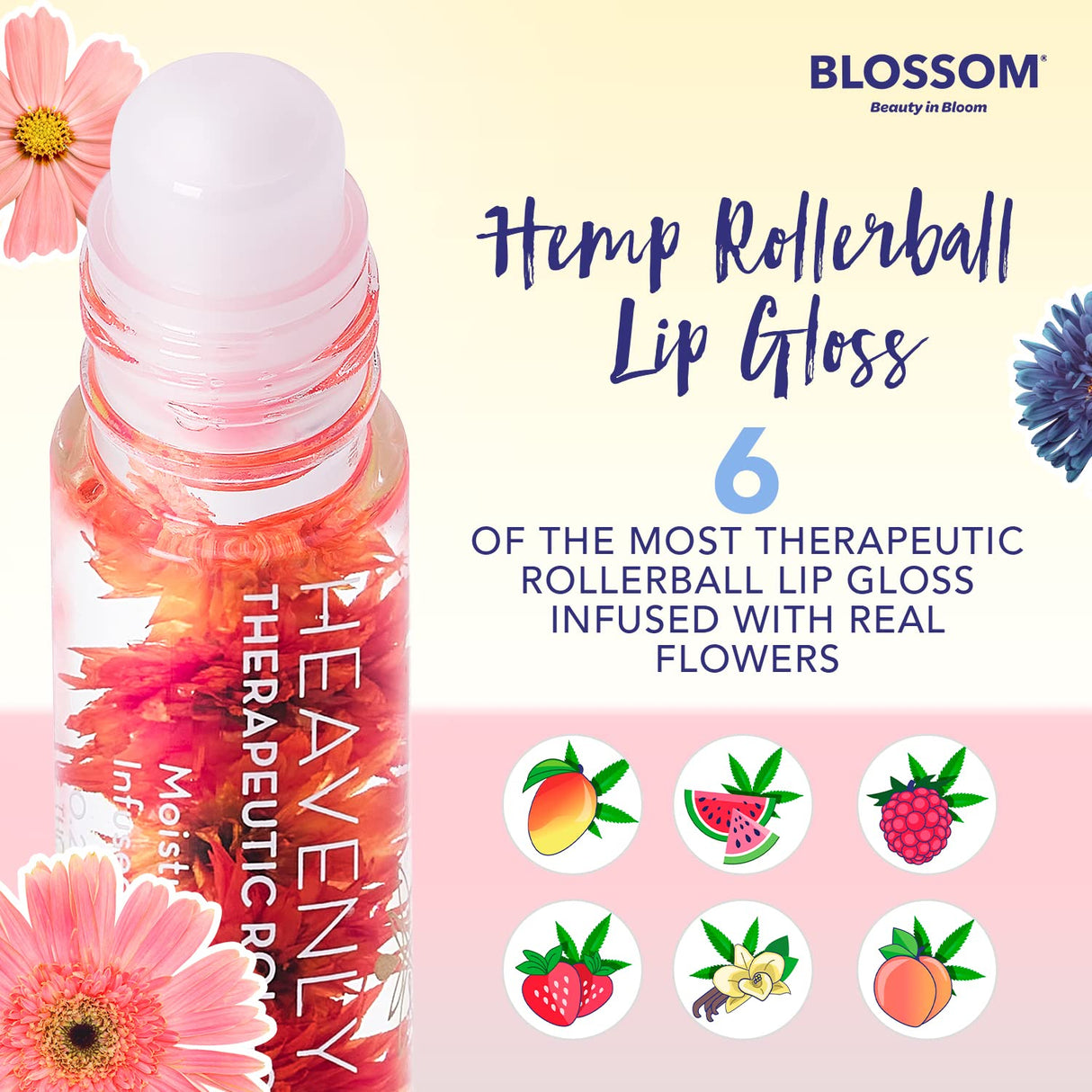 Blossom Scented Roll on Lip Gloss, Infused with Real Flowers, Made in USA, 0.20 fl. oz./5.9ml, Watermelon
