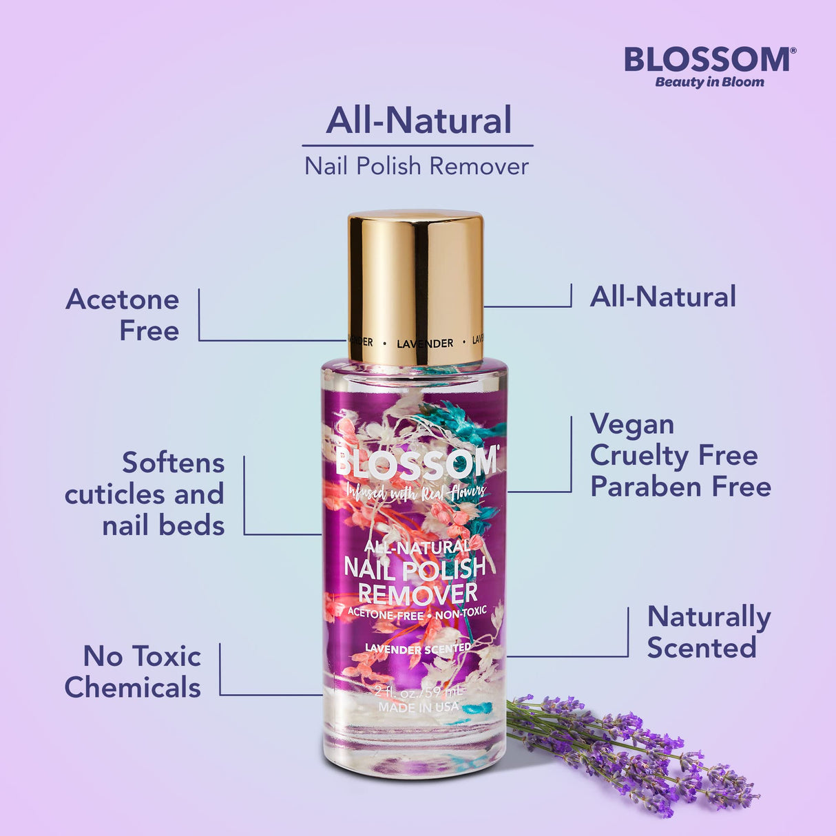 Blossom All Natural Acetone Free Nail Polish Remover, Scented, Organic Plant-Based, Vegan, Cruelty Free, Infused with Real Flowers, 2 fl. oz., Spring Bouquet