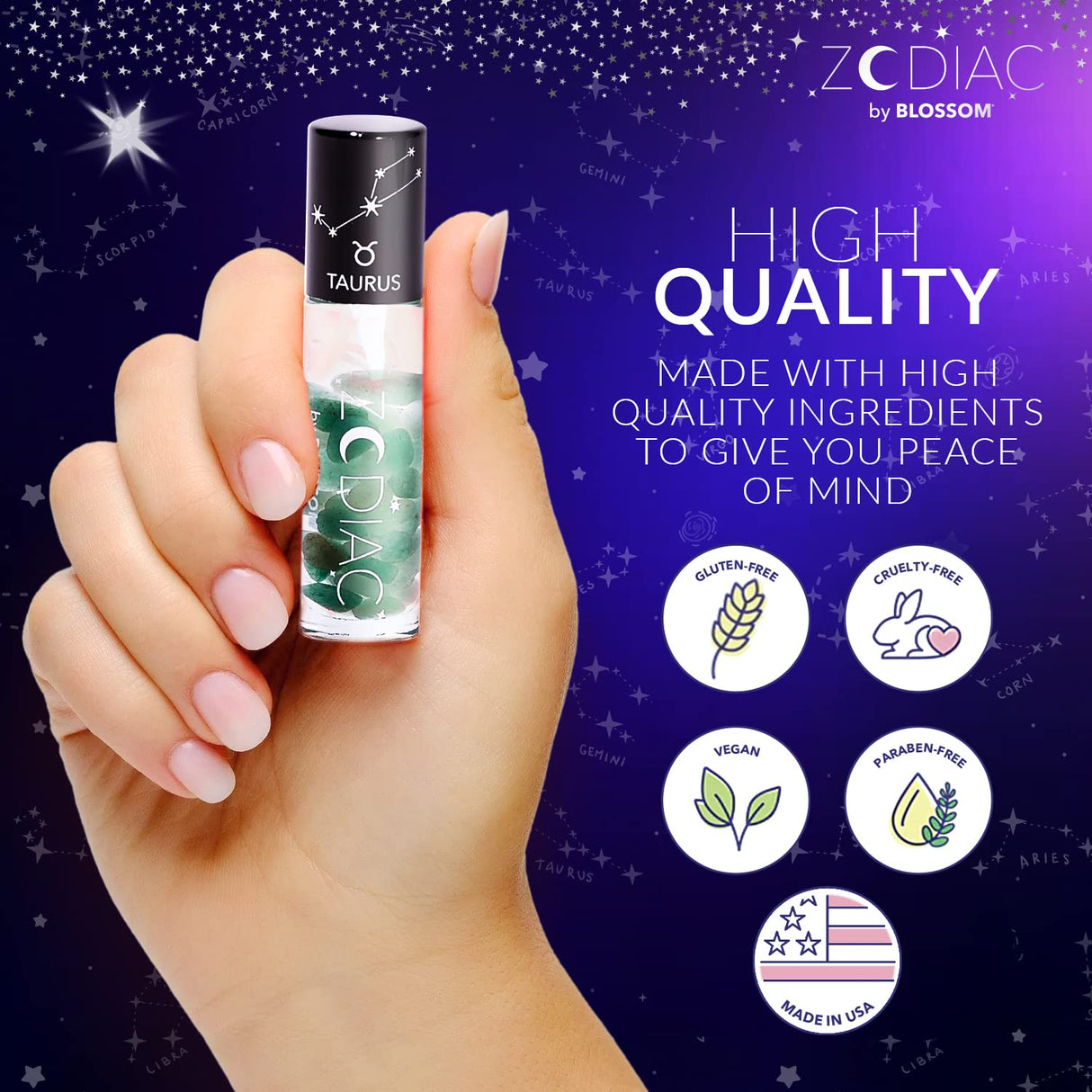 Blossom Zodiac Sign Roll-On Lip Gloss, Vanilla Scented + Moisturizing with Crystals, Made in USA, 0.20 fl. oz./5.9ml, Aquarius