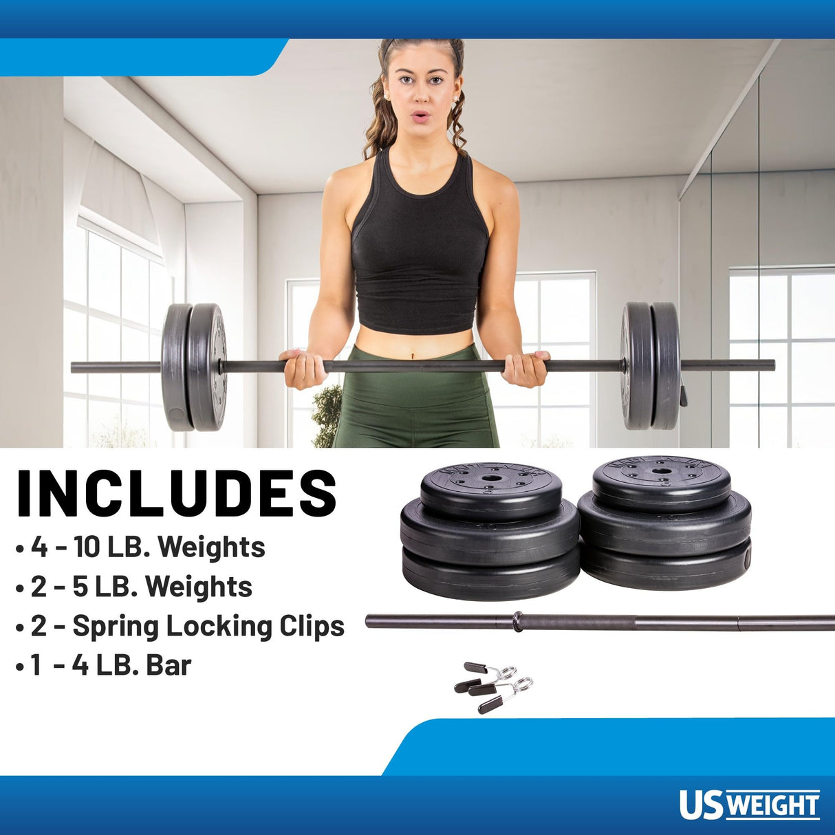US Weight Barbell Set for home gym workout - Made in USA, Essential Home Gym Equipment for Strength Training