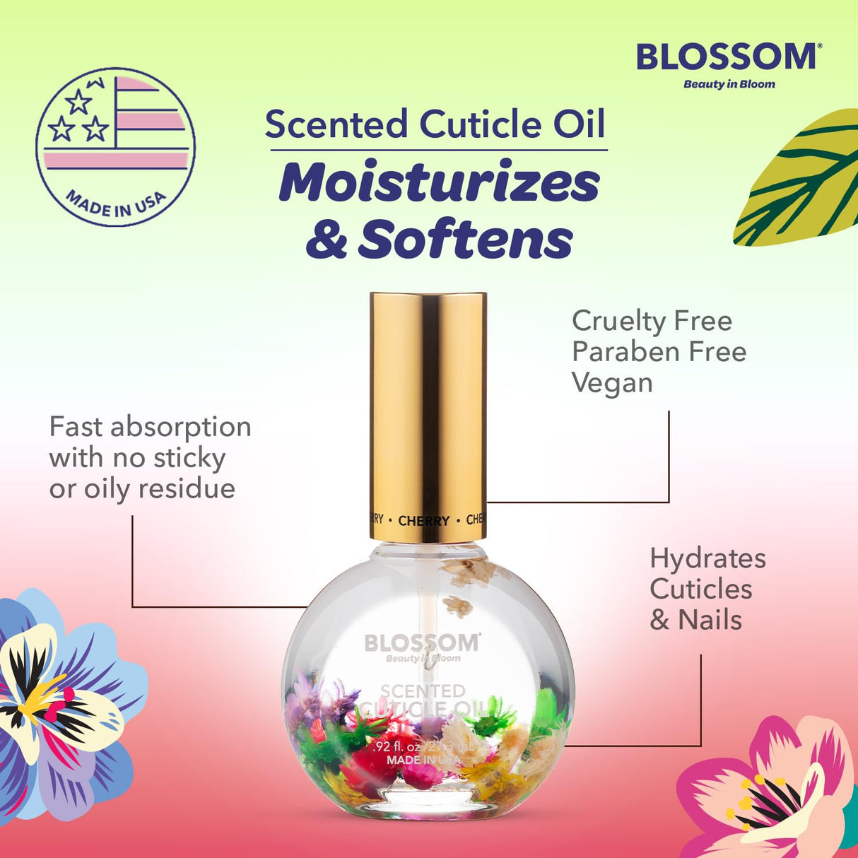 Blossom Scented Cuticle Oil, Infused with Real Flowers, Hydrating, Moisturizing, Strengthening, Made in USA, 0.5 fl. oz, Amazon Exclusive, Watermelon
