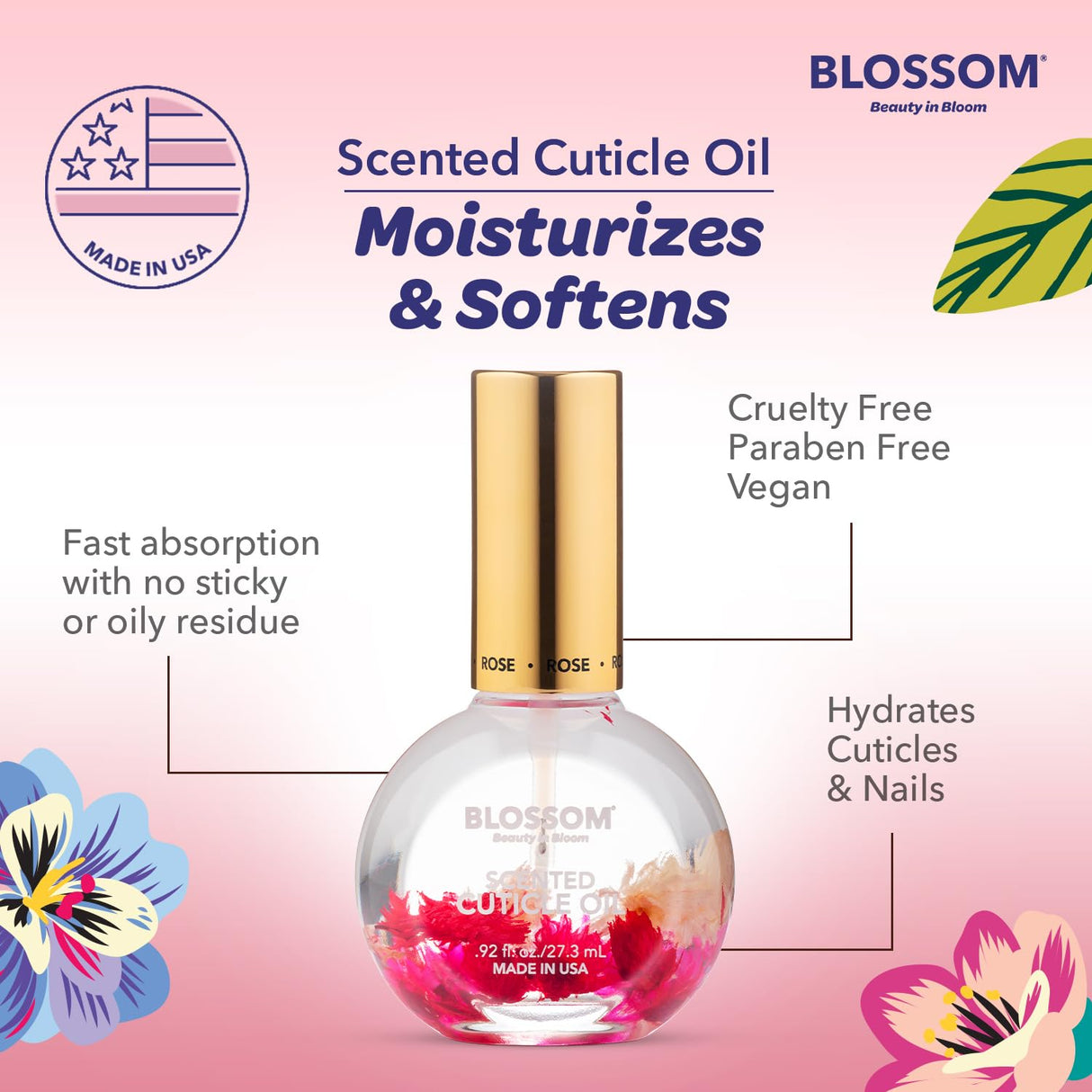 Blossom Scented Cuticle Oil, Infused with Real Flowers, Hydrating, Moisturizing, Strengthening, Made in USA, 0.5 fl. oz, Amazon Exclusive, Watermelon