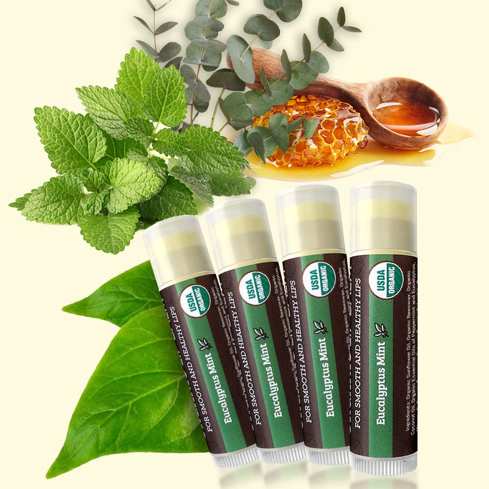 USDA Organic Lip Balm 6-Pack by Earth's Daughter Stocking Stuffers - Fruit Flavors, Beeswax, Coconut Oil, Vitamin E - Best Lip Repair Chapstick for Dry Cracked Lips - Moisturizing Lip Care