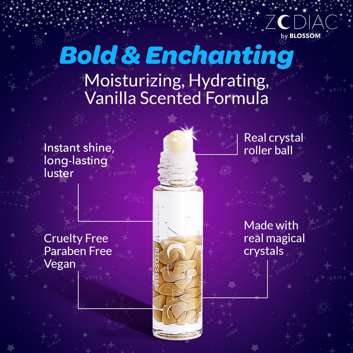 Blossom Zodiac Sign Roll-On Lip Gloss, Vanilla Scented + Moisturizing with Crystals, Made in USA, 0.20 fl. oz./5.9ml, Aquarius