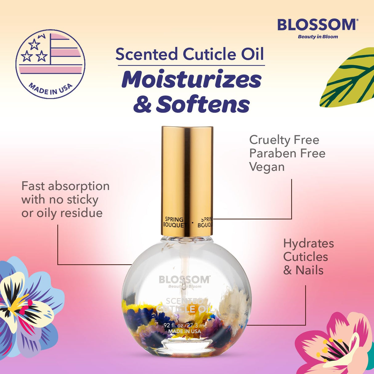 Blossom Scented Cuticle Oil, Infused with Real Flowers, Hydrating, Moisturizing, Strengthening, Made in USA, 0.5 fl. oz, Amazon Exclusive, Watermelon