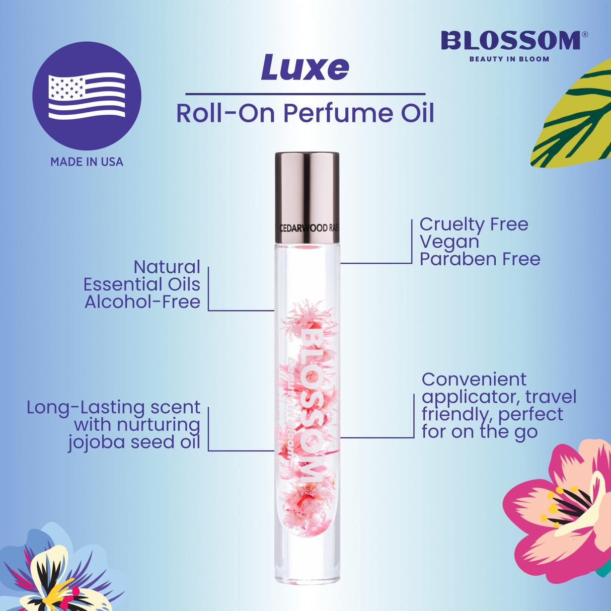 Blossom Roll on Perfume Oil for Women, Alcohol Free Rollerball Perfume with Essential Oil, Infused with Real Flowers, Made in USA, 0.20 oz (Lemon, Bergamot, Violet, White Musk), Cactus Flower