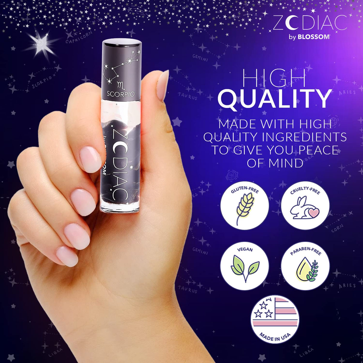 Blossom Zodiac Sign Roll-On Lip Gloss, Vanilla Scented + Moisturizing with Crystals, Made in USA, 0.20 fl. oz./5.9ml, Aquarius