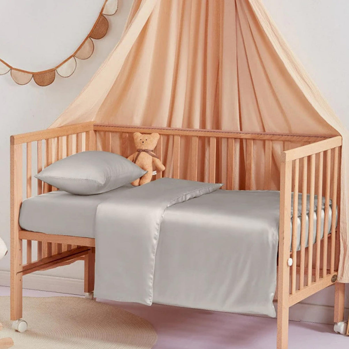 100% Mulberry Silk Crib Sheets for Baby Toddler Hair, Made in USA, Pure 22 Momme Organic Silk Boy Girl Fitted Crib Bed Sheet, Mini Crib Mattress Sheet, Soft Silk Crib Cover, Hypoallergenic (Blue Grey)