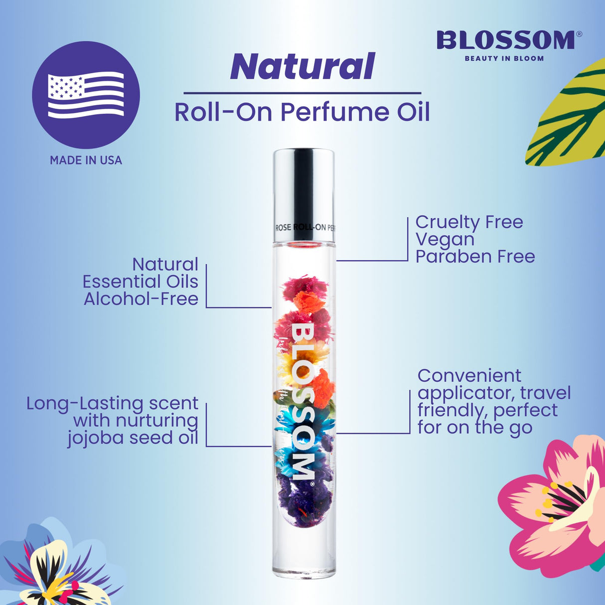Blossom Roll on Perfume Oil for Women, Alcohol Free Rollerball Perfume with Essential Oil, Infused with Real Flowers, Made in USA, 0.20 oz (Lemon, Bergamot, Violet, White Musk), Cactus Flower