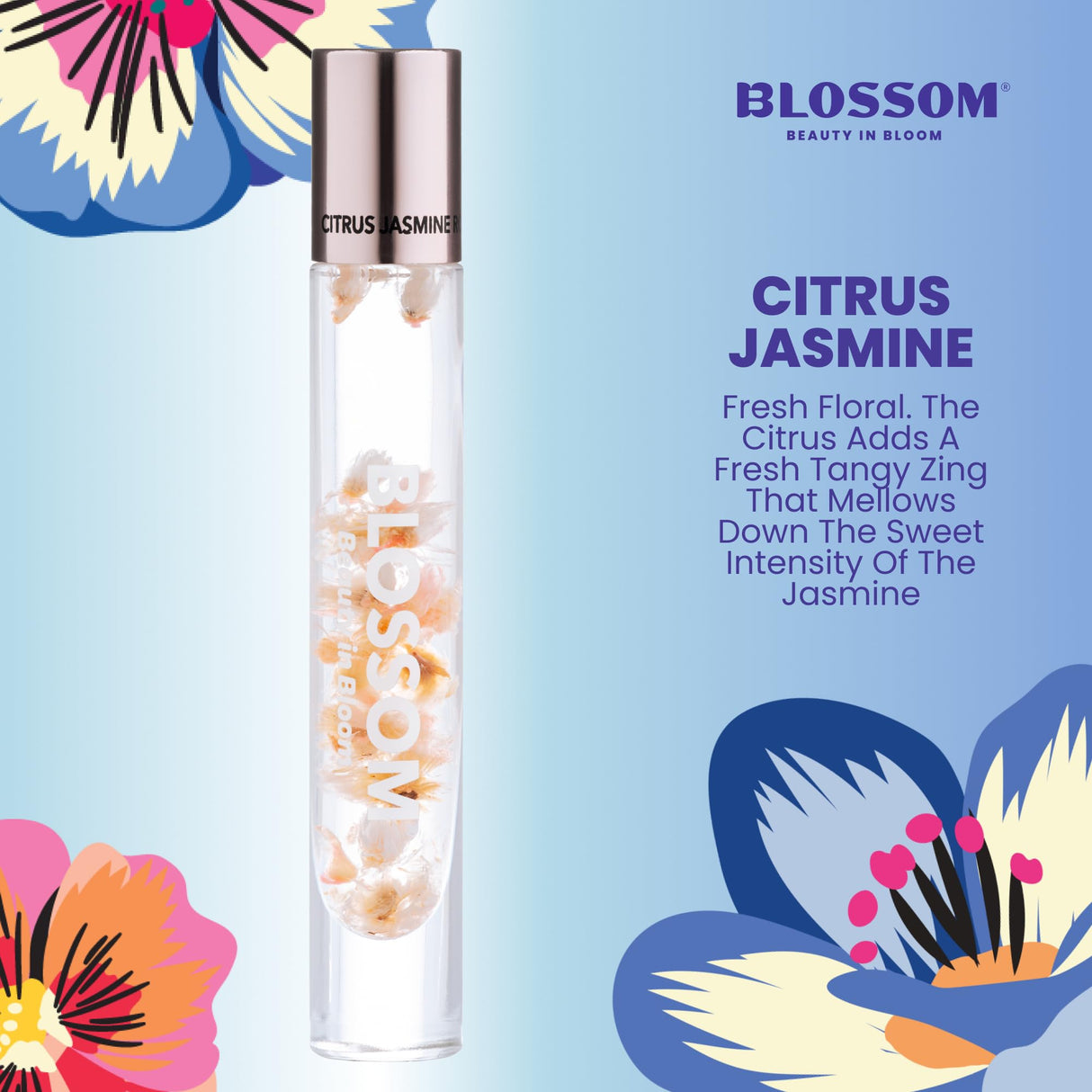 Blossom Roll on Perfume Oil for Women, Alcohol Free Rollerball Perfume with Essential Oil, Infused with Real Flowers, Made in USA, 0.20 oz (Lemon, Bergamot, Violet, White Musk), Cactus Flower