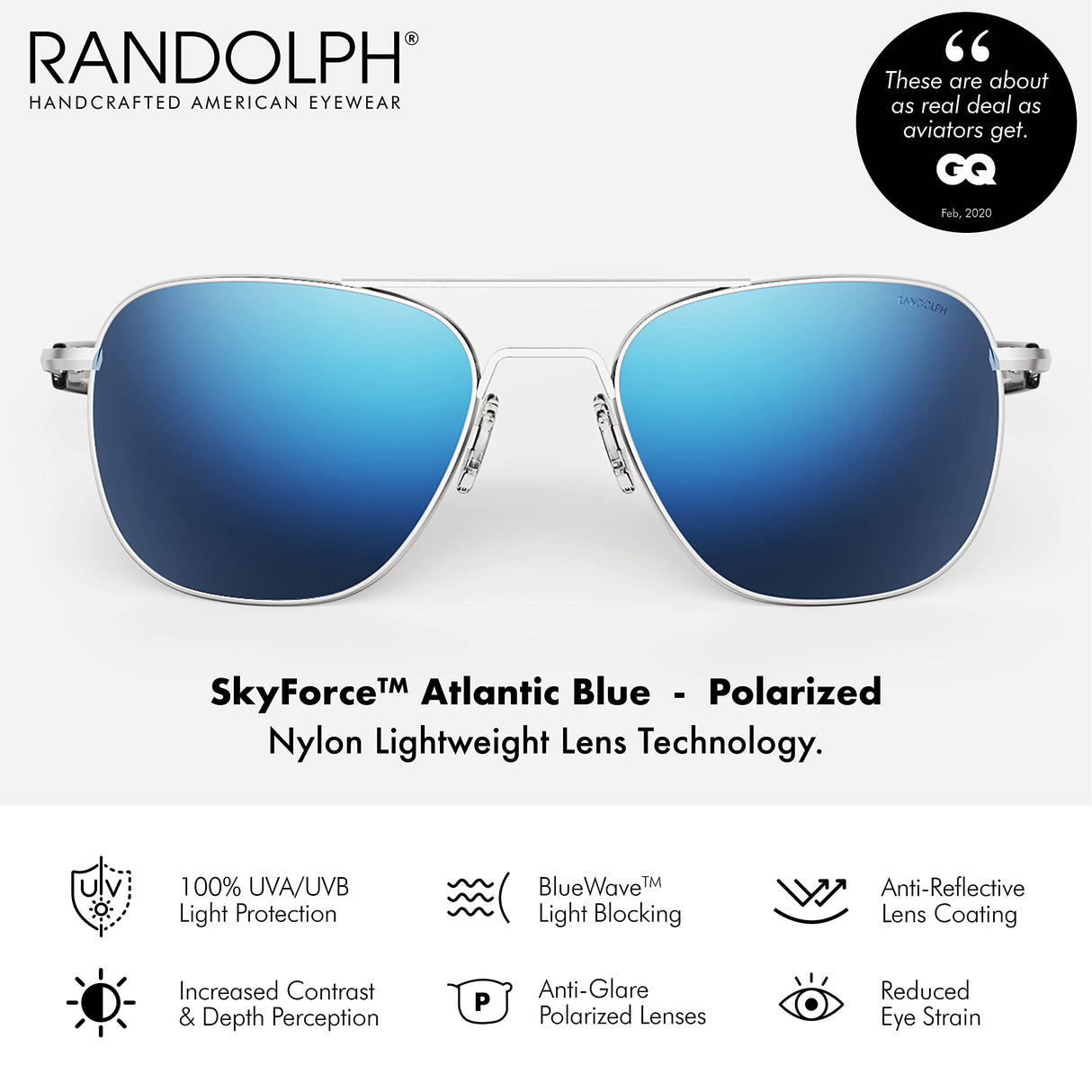 Mens or Womens Aviator Sunglasses, Matte Chrome, Classic, Polarized and Non-Polarized with UV Protection by Randolph USA