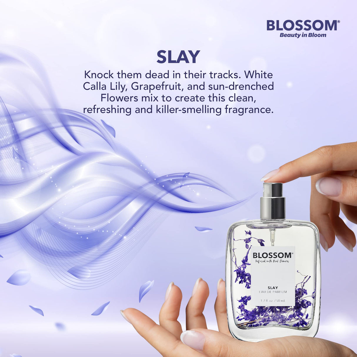Blossom Unisex Eau De Parfum, Cruelty Free and Vegan Fragrance, Plant-based Perfume Spray, Infused with Real Flowers, Made in USA, 1.7oz, (White Calla Lily, Grapefruit, Sundrenched Flowers), Slay