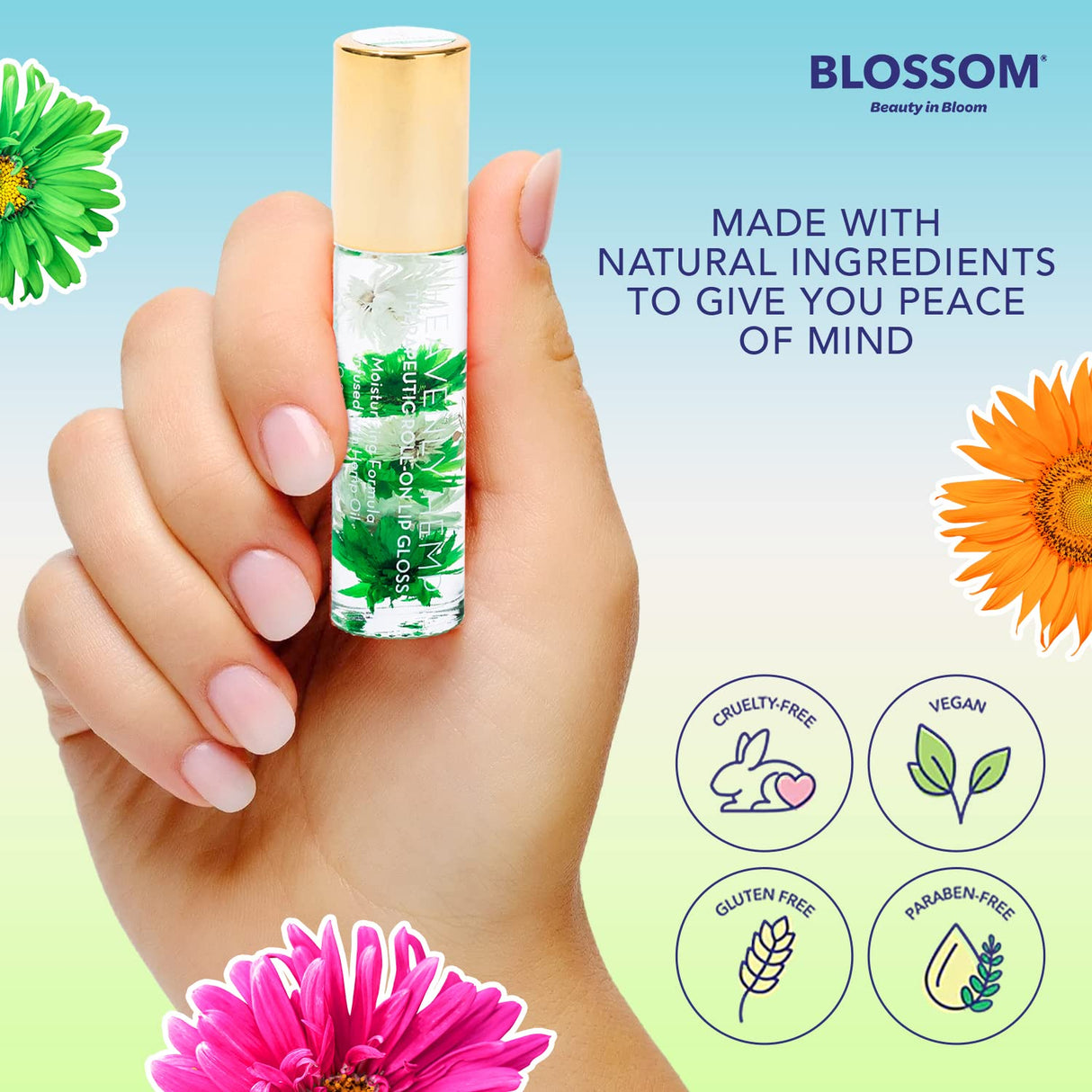 Blossom Scented Roll on Lip Gloss, Infused with Real Flowers, Made in USA, 0.20 fl. oz./5.9ml, Watermelon
