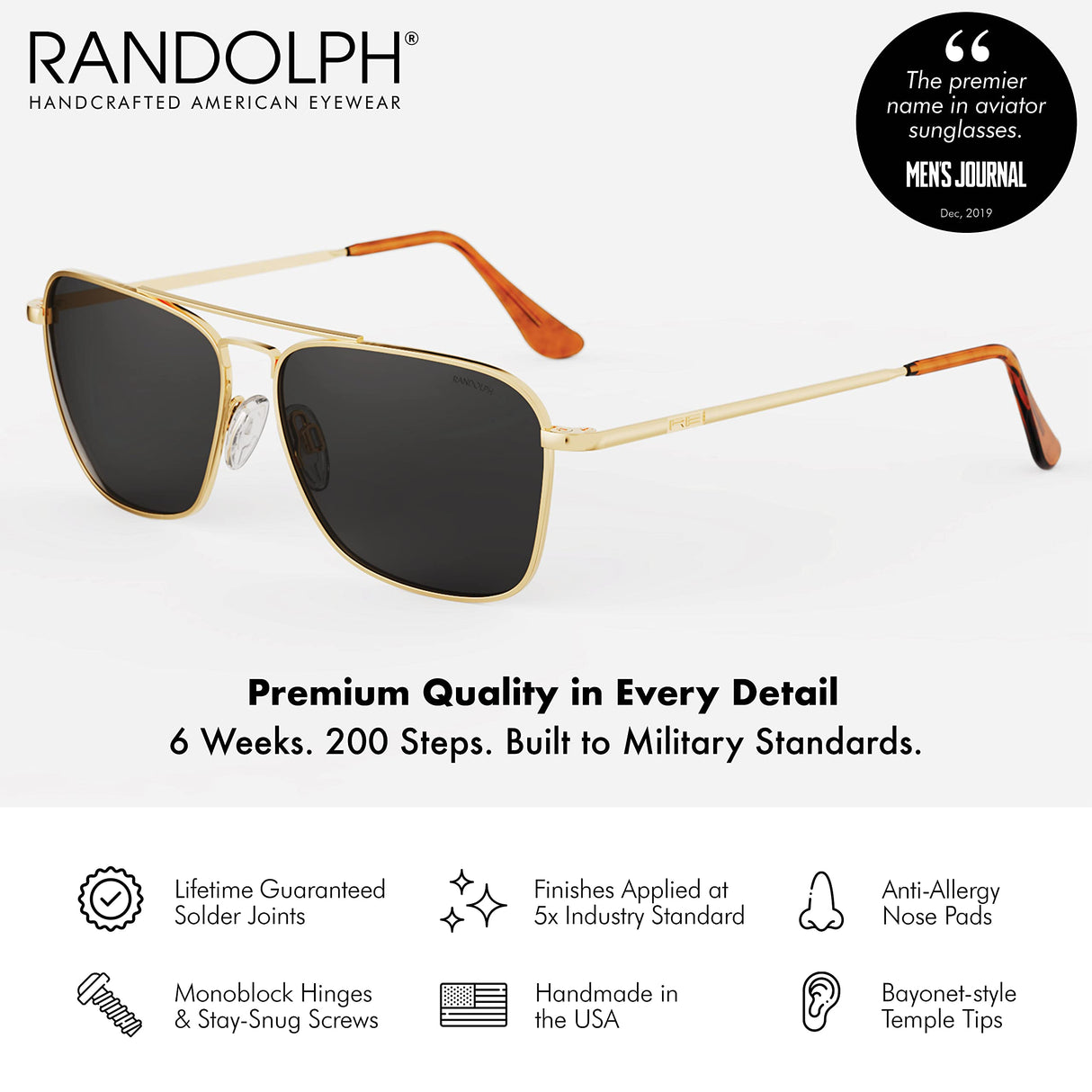 Randolph USA | Intruder Rectangular Classic Aviator Sunglasses for Men Non-Polarized 100% UV