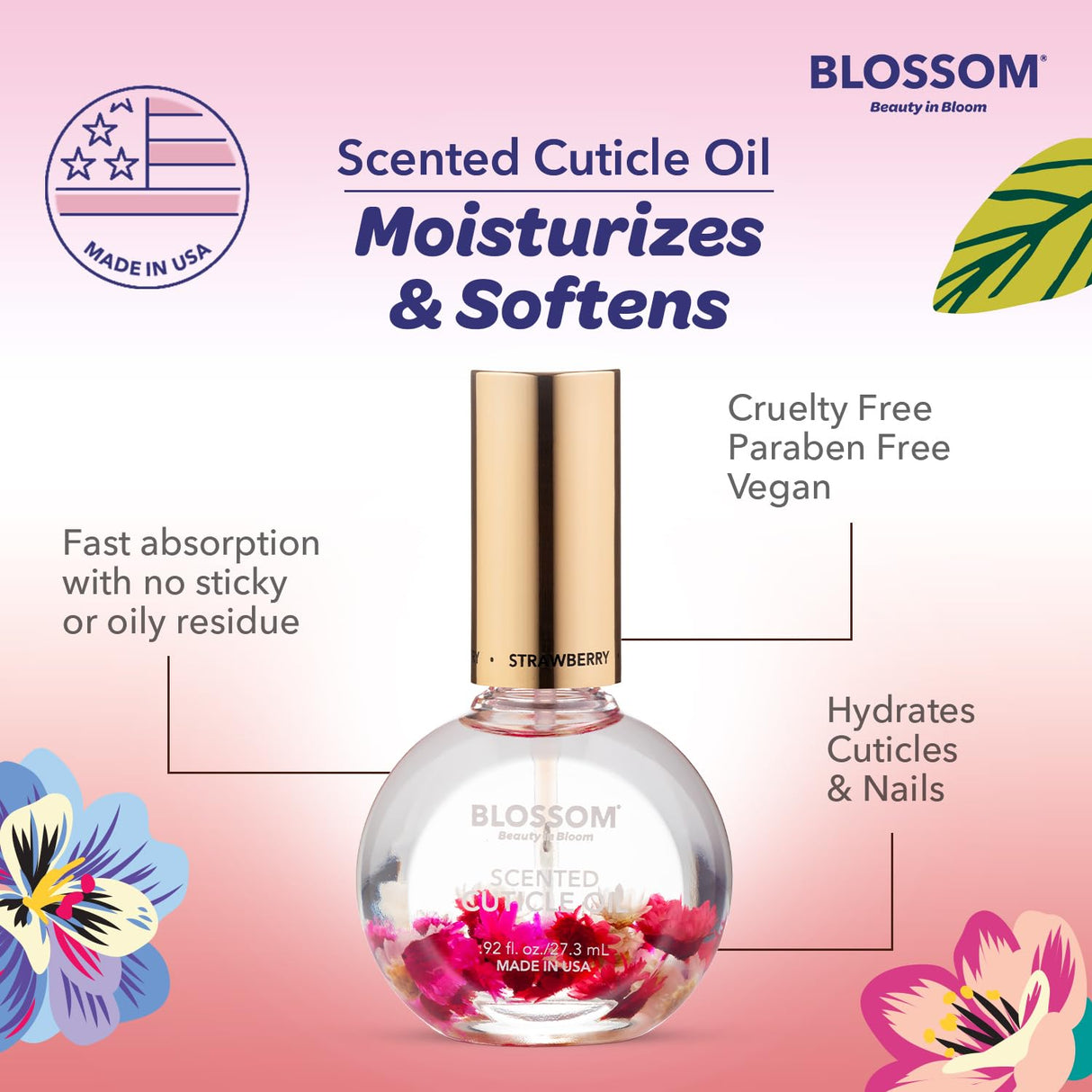 Blossom Scented Cuticle Oil, Infused with Real Flowers, Hydrating, Moisturizing, Strengthening, Made in USA, 0.5 fl. oz, Amazon Exclusive, Watermelon