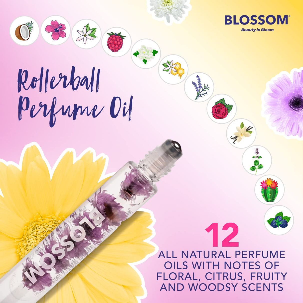 Blossom Roll on Perfume Oil for Women, Alcohol Free Rollerball Perfume with Essential Oil, Infused with Real Flowers, Made in USA, 0.20 oz (Lemon, Bergamot, Violet, White Musk), Cactus Flower
