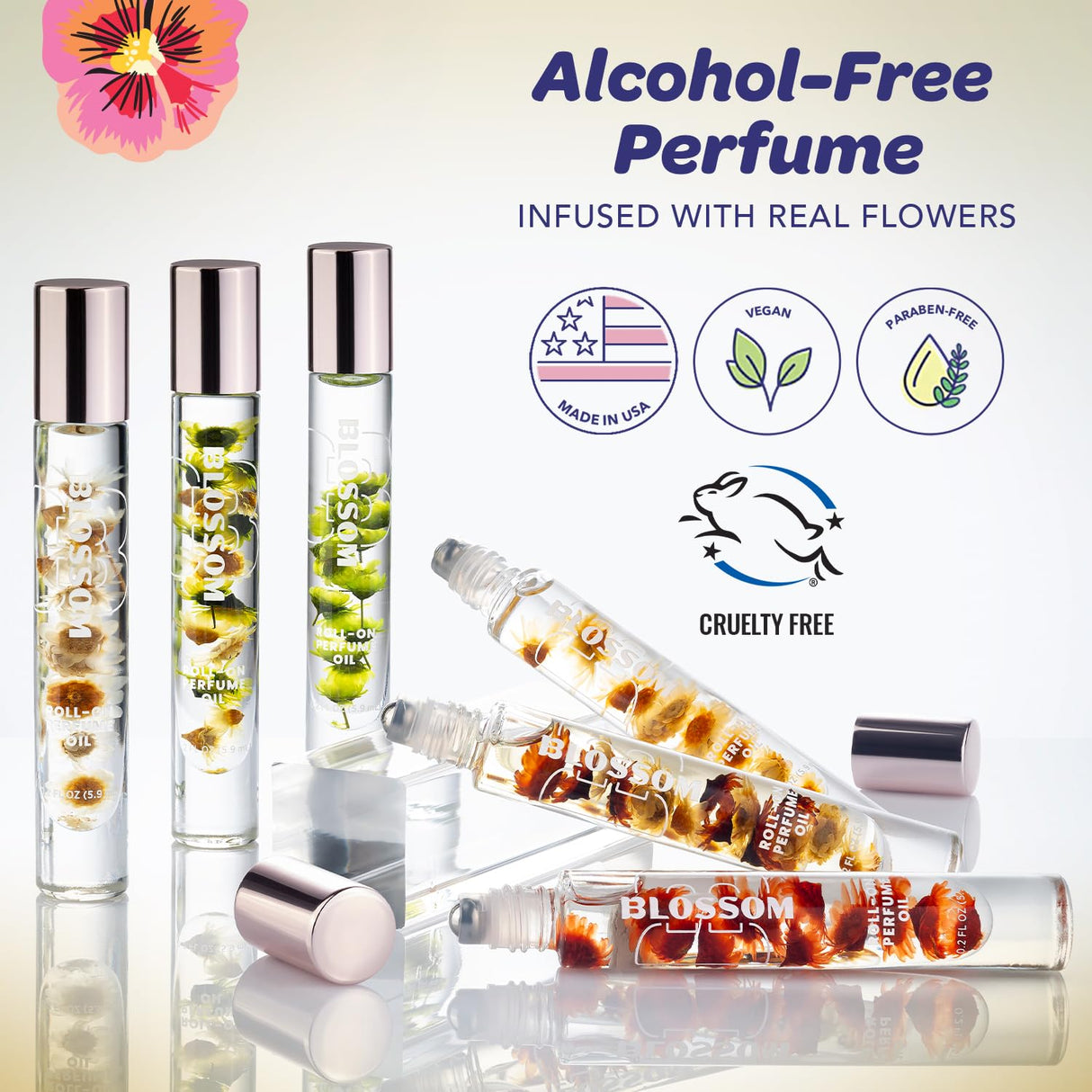 Blossom Roll on Perfume Oil for Women, Alcohol Free Rollerball Perfume with Essential Oil, Infused with Real Flowers, Made in USA, 0.20 oz (Lemon, Bergamot, Violet, White Musk), Cactus Flower