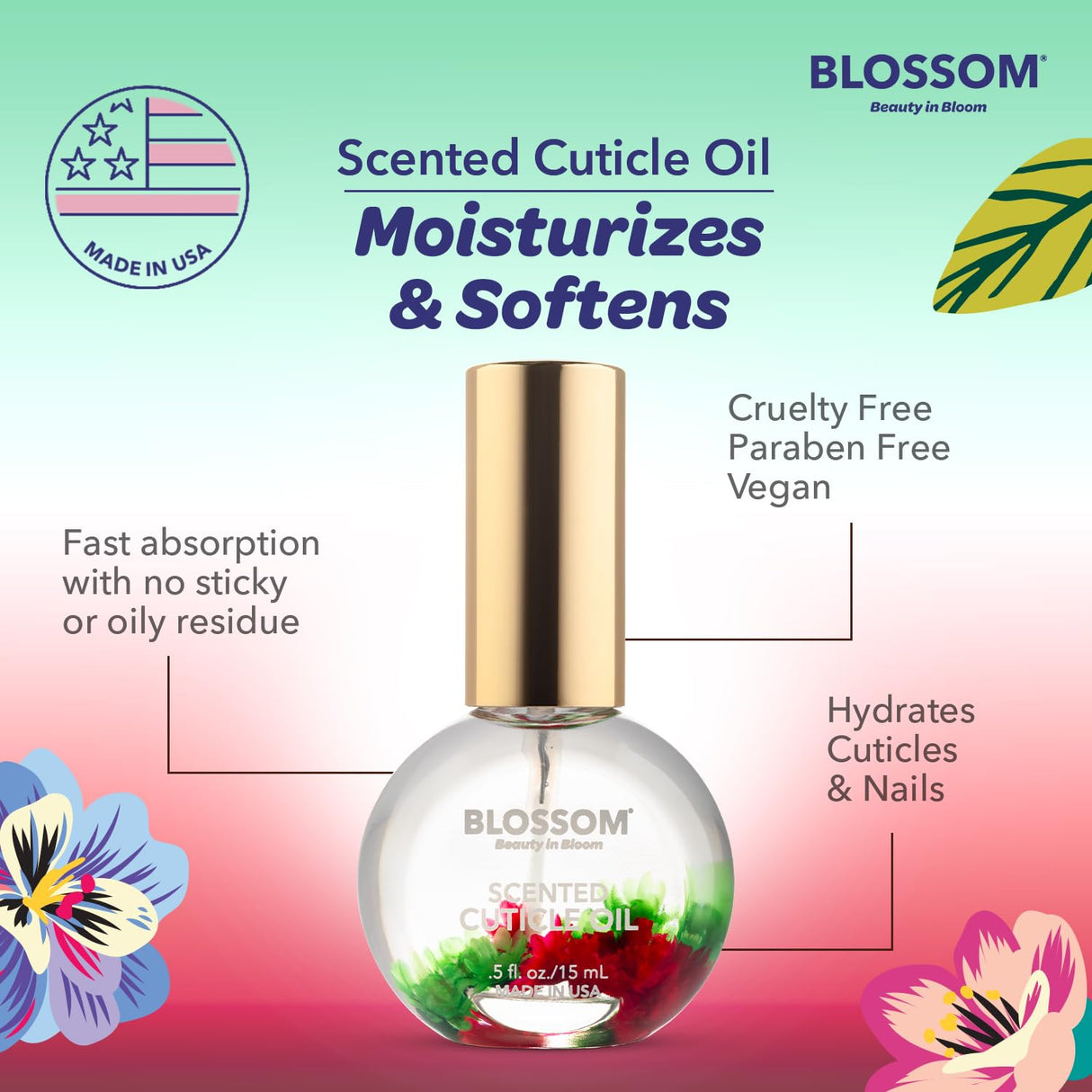Blossom Scented Cuticle Oil, Infused with Real Flowers, Hydrating, Moisturizing, Strengthening, Made in USA, 0.5 fl. oz, Amazon Exclusive, Watermelon