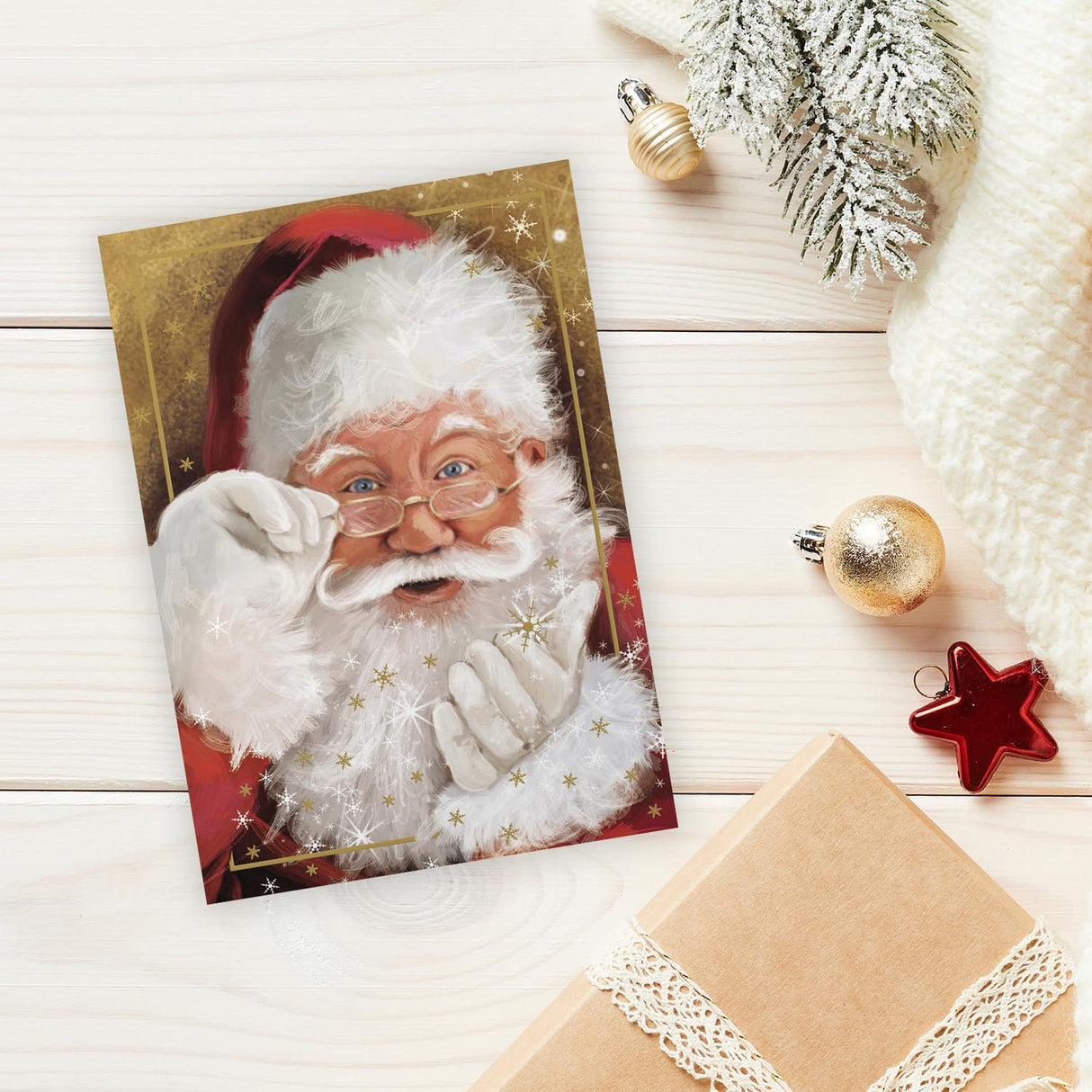 Masterpiece Sparkling Santa Christmas Cards / 16 Festive Holiday Cards Set With White Envelopes / 5 5/8" x 7 7/8" Winter Gold Foil Greeting Cards With Inside Verse/Made In The USA