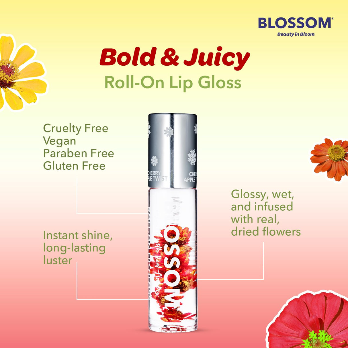 Blossom Scented Roll on Lip Gloss, Infused with Real Flowers, Made in USA, 0.20 fl. oz./5.9ml, Watermelon