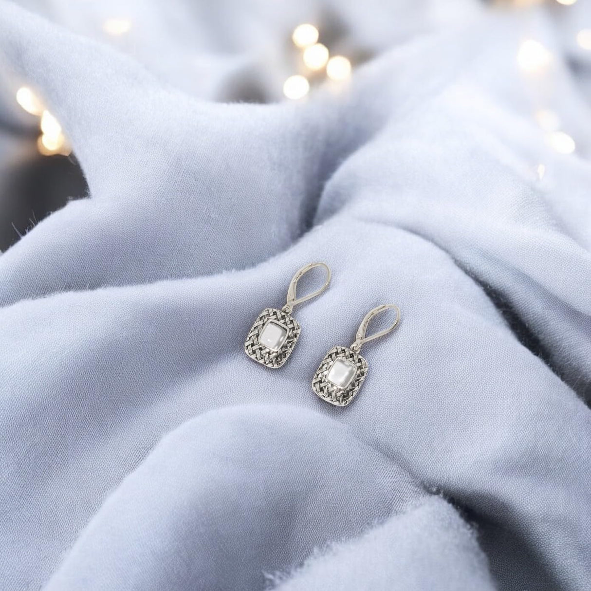 Bottled Up Designs Handmade Vintage Quilted Square Leverback Earrings, Sterling Silver, Eco Friendly, Made in USA, Birthday Gifts, Mothers Day, Women (Cobalt)