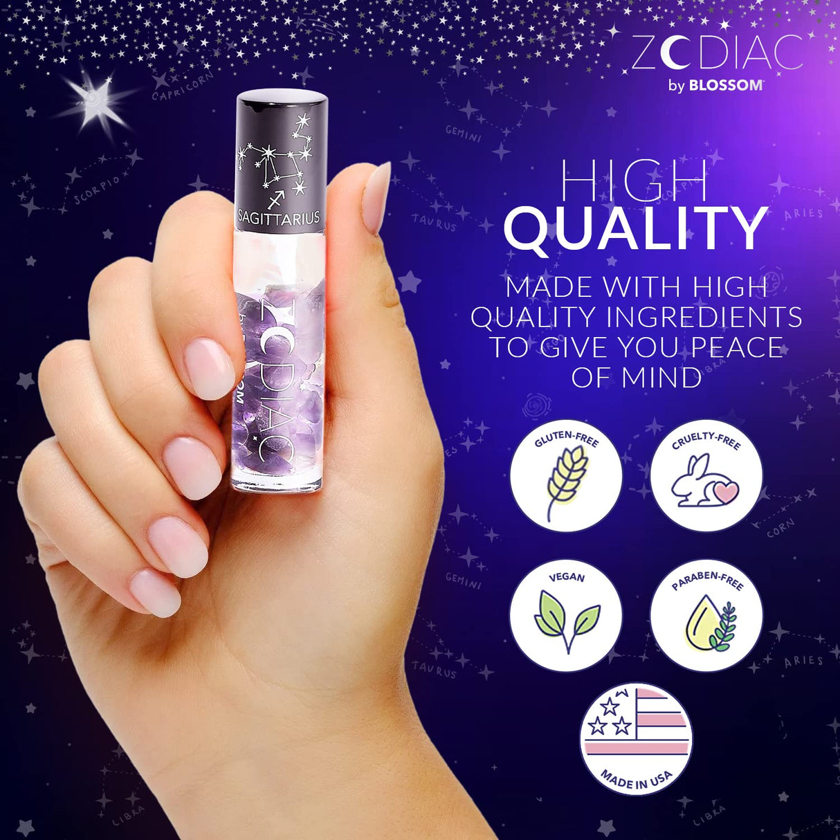 Blossom Zodiac Sign Roll-On Lip Gloss, Vanilla Scented + Moisturizing with Crystals, Made in USA, 0.20 fl. oz./5.9ml, Aquarius