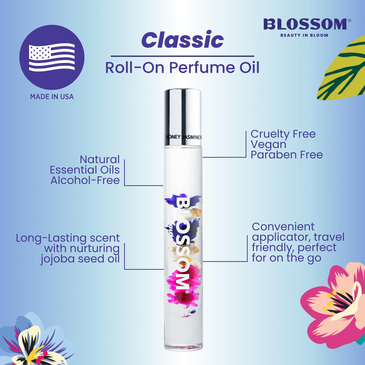 Blossom Roll on Perfume Oil for Women, Alcohol Free Rollerball Perfume with Essential Oil, Infused with Real Flowers, Made in USA, 0.20 oz (Lemon, Bergamot, Violet, White Musk), Cactus Flower