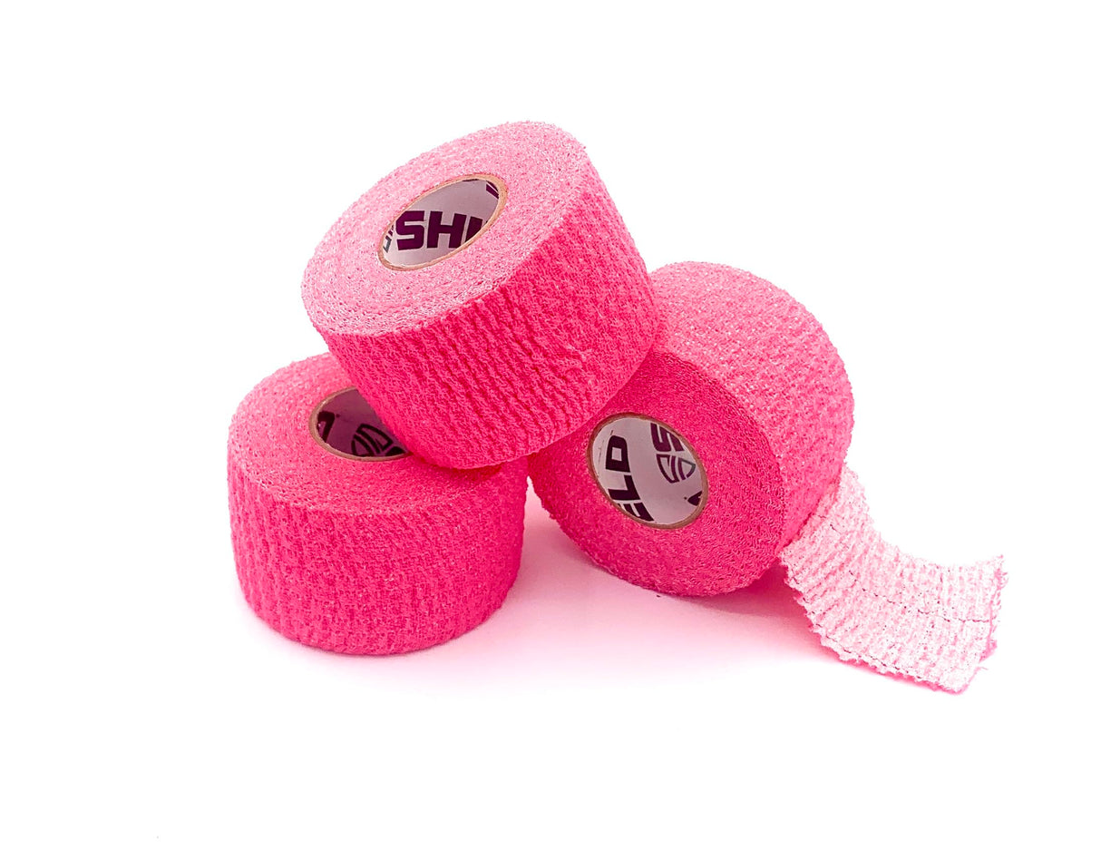 SHIELD | Weightlifting Tape - Made in USA, Hook Grip, Cross-Training, WOD Grip Tape 3-Pack– Durable, Non-Slip, Comfortable Stretchy Athletic Tape – Thumb, Wrist, Finger Protection (Pink)