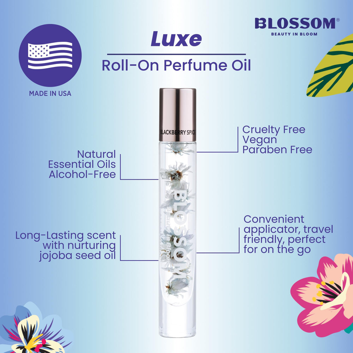 Blossom Roll on Perfume Oil for Women, Alcohol Free Rollerball Perfume with Essential Oil, Infused with Real Flowers, Made in USA, 0.20 oz (Lemon, Bergamot, Violet, White Musk), Cactus Flower