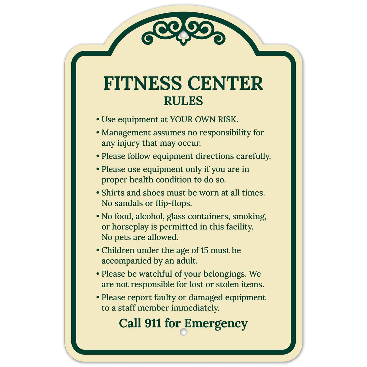 Sigo Signs, Fitness Center Rules Use Equipment at Your Own Risk Décor Sign, Green Light, 12x18 Inches, ACM, Fade Resistant, Made in USA