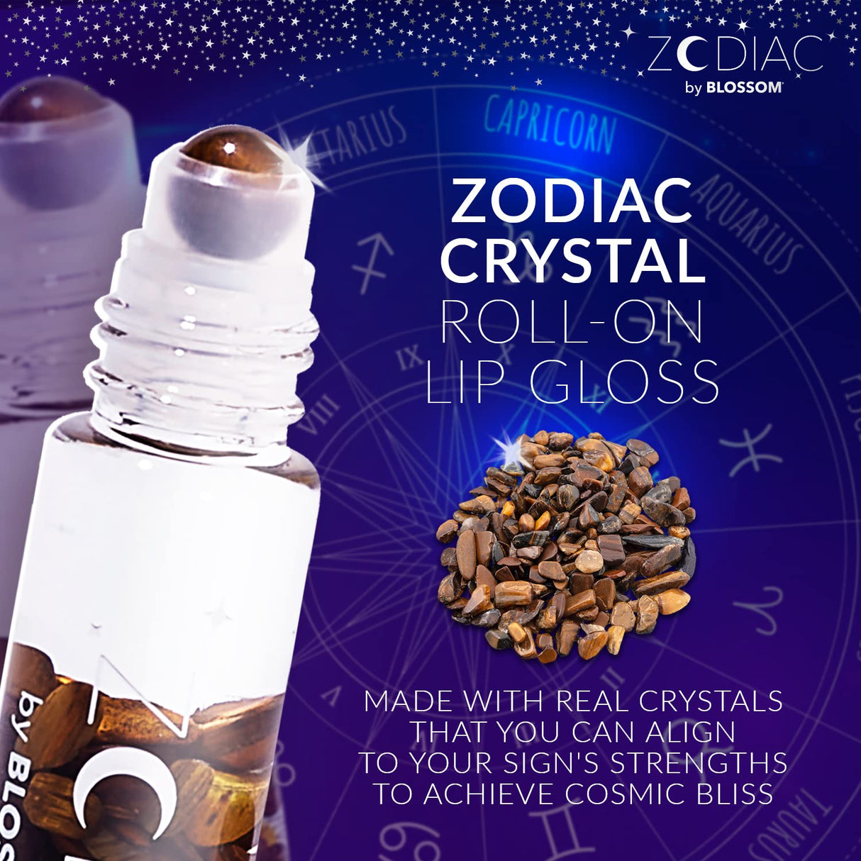 Blossom Zodiac Sign Roll-On Lip Gloss, Vanilla Scented + Moisturizing with Crystals, Made in USA, 0.20 fl. oz./5.9ml, Aquarius