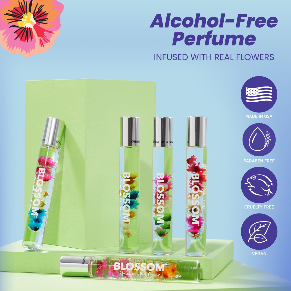 Blossom Roll on Perfume Oil for Women, Alcohol Free Rollerball Perfume with Essential Oil, Infused with Real Flowers, Made in USA, 0.20 oz (Lemon, Bergamot, Violet, White Musk), Cactus Flower