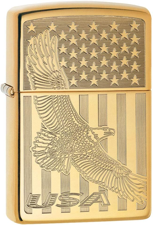 Zippo Lighter: USA Flying Eagle and Flag, Engraved - High Polish Brass 80744