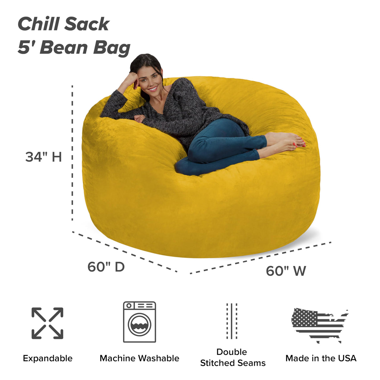 Chill Sack Bean Bag Chair: Giant 5' Memory Foam Furniture Bean Bag - Big Sofa with Soft Micro Fiber Cover - Black