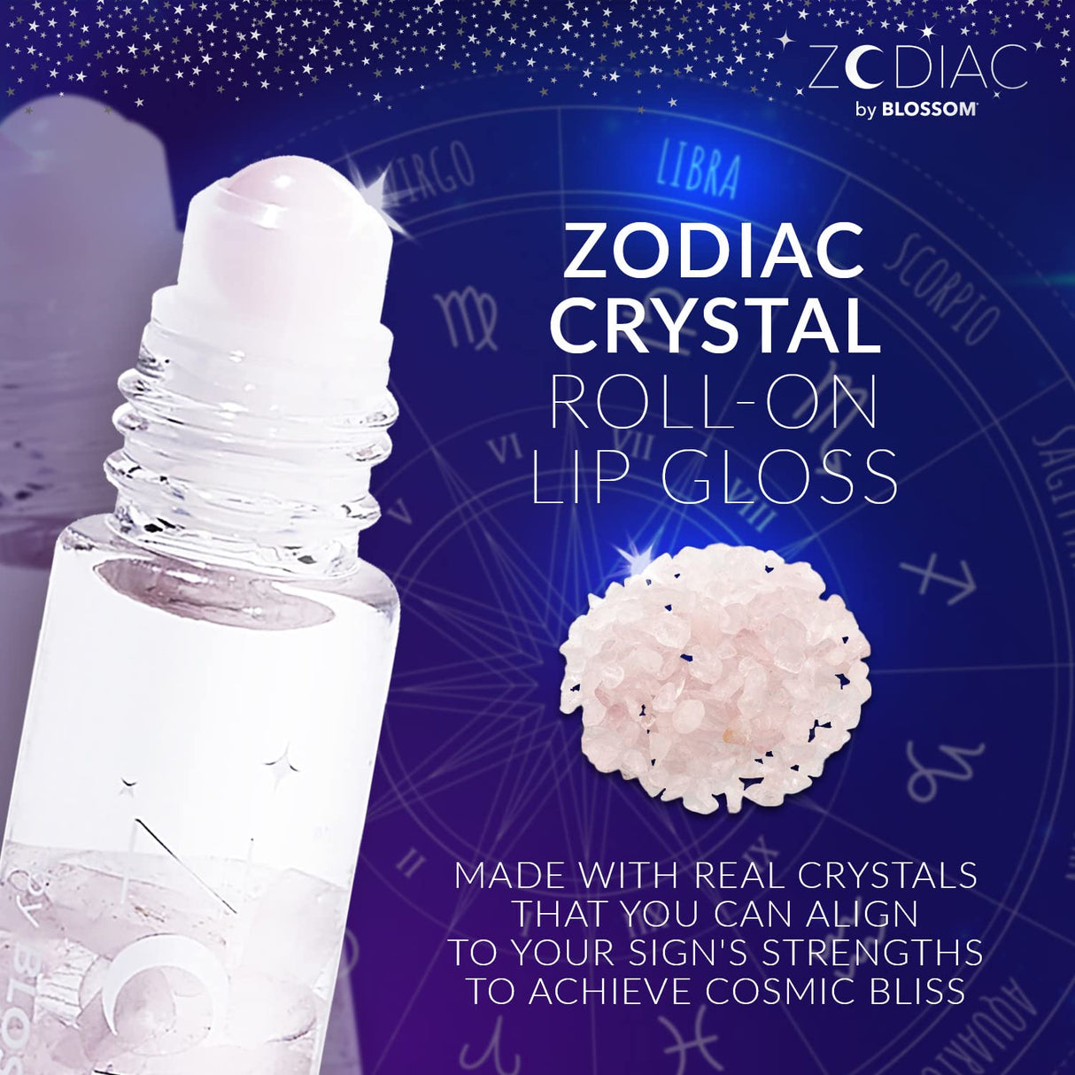 Blossom Zodiac Sign Roll-On Lip Gloss, Vanilla Scented + Moisturizing with Crystals, Made in USA, 0.20 fl. oz./5.9ml, Aquarius