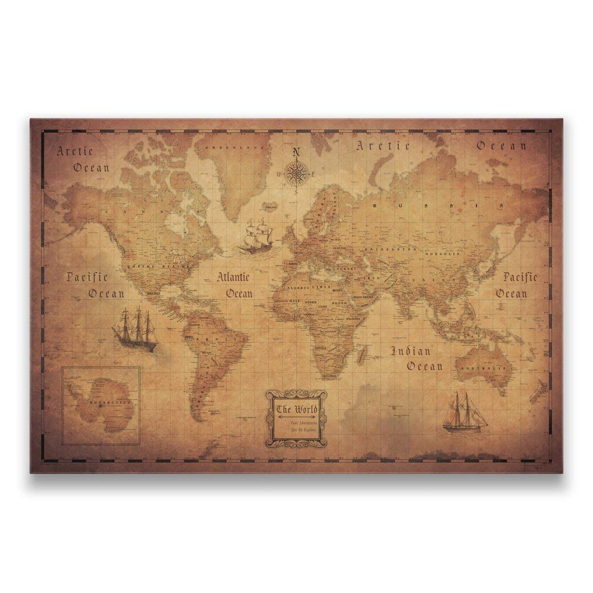 Push Pin World Map Board - With Push Pins to Mark World Travel - Handmade in Ohio, USA - Design: Golden Aged (48" x 32")