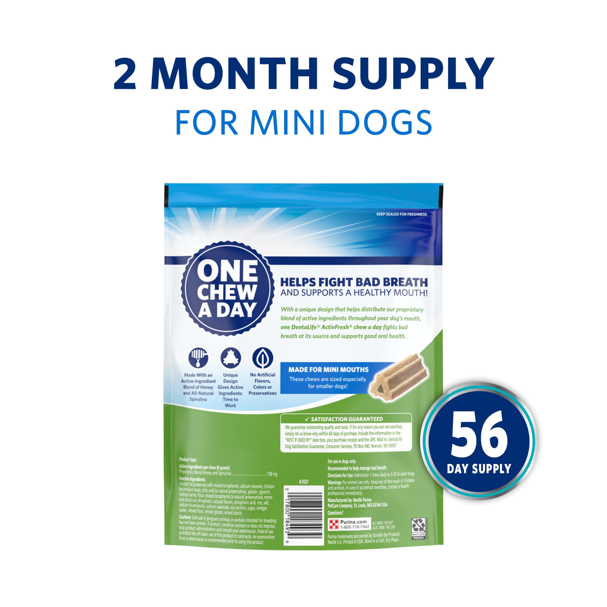Dentalife Purina ActivFresh Daily Oral Care Mini Dog Chews - 56 Treats