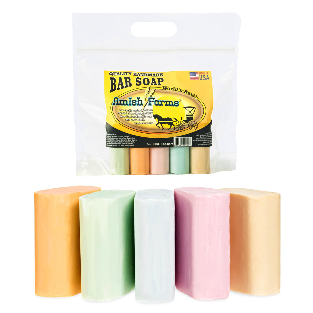 Amish Farms Bar Soap w/All Natural Bentonite Clay | Made in USA, Vegan Moisturizing for Sensitive Skin | Women & Mens Face & Body Bar Bath Soap for Shower | Clean Scent | 5oz Ea (5 Bars)