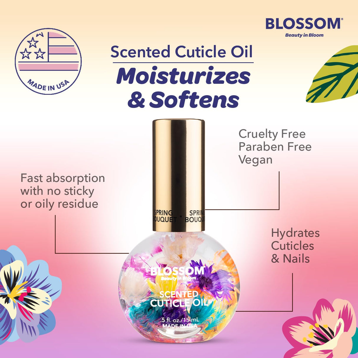 Blossom Scented Cuticle Oil, Infused with Real Flowers, Hydrating, Moisturizing, Strengthening, Made in USA, 0.5 fl. oz, Amazon Exclusive, Watermelon