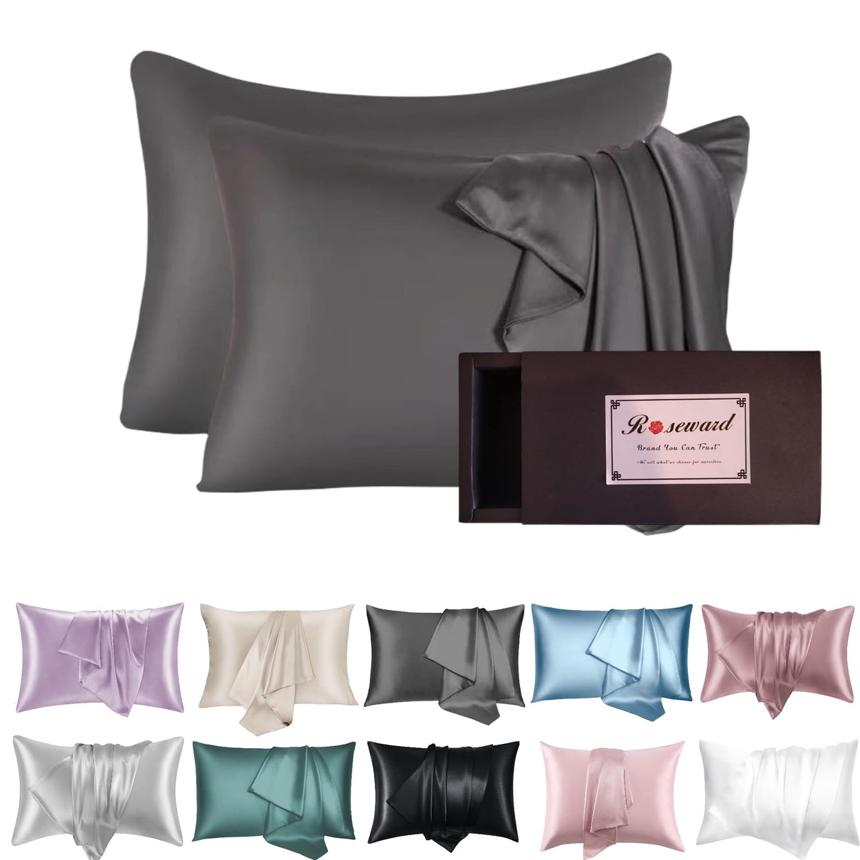 Silk Pillow Cases with Zipper Made in USA-Organic 19 Momme Mulberry Silk Pillowcase for Hair and Skin-6A Grade, Dark Grey, Anti Wrinkle, Anti Acne (Slate Grey 2 Pack, Queen 20''x30'')