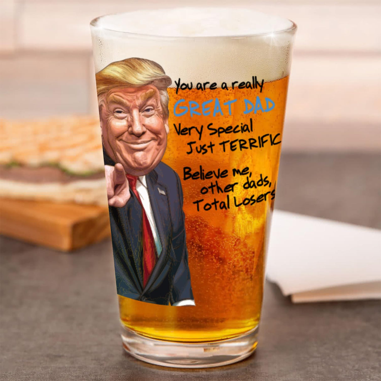 Funny Novelty Glass for Dad - Donald Trump Father's Day Beer, Whiskey, or Can Glass Gift, Funny Fatherโs Day Gift for Husband, Father, or Stepfather - Trump Stuff Maga Merch (101-15193-D, PINT)