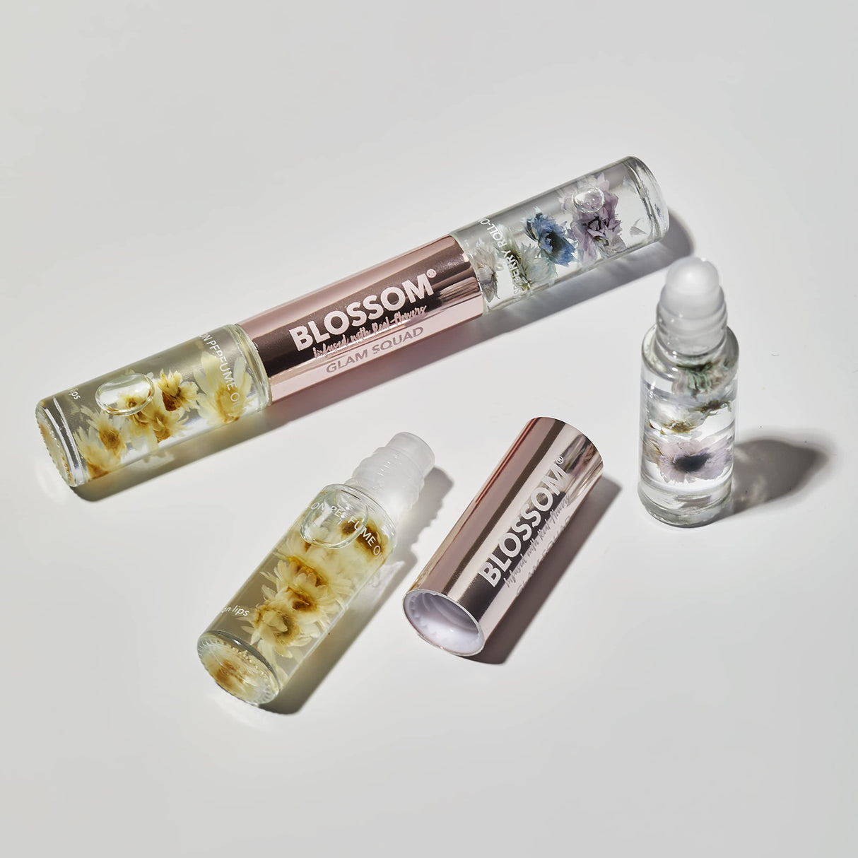 Blossom Glam Squad - Moisturizing Roll on Lip Gloss (0.1 fl. oz/6g) + Roll on Perfume Oil (0.1 fl. oz/6g), Infused with Real Flowers, Made in USA, 0.2 fl. oz./12g, Strawberry/Honey Jasmine